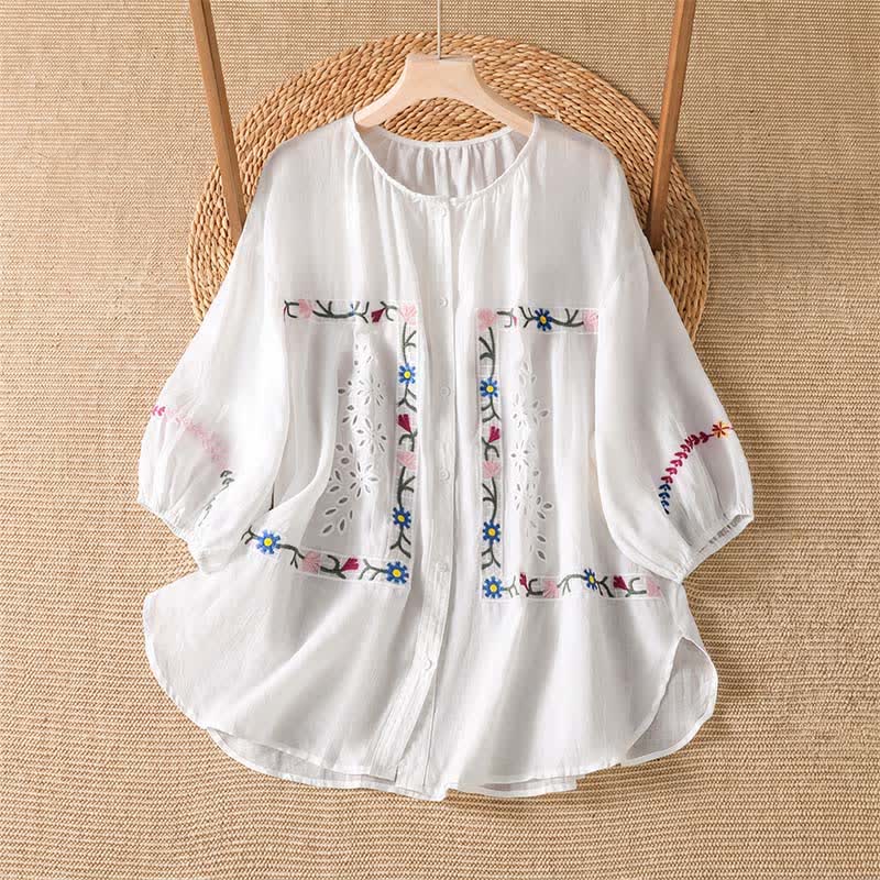 Buddha Stones Camisas de manga corta para mujer estilo boho con bordado floral, ideales para primavera y verano. - Blanco - US12, UK/AU16, EU44 (2XL) - image 0