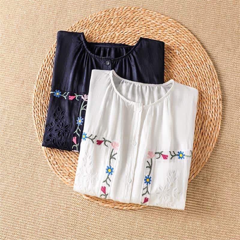 Buddha Stones Camisas de manga corta para mujer estilo boho con bordado floral, ideales para primavera y verano. - image 10