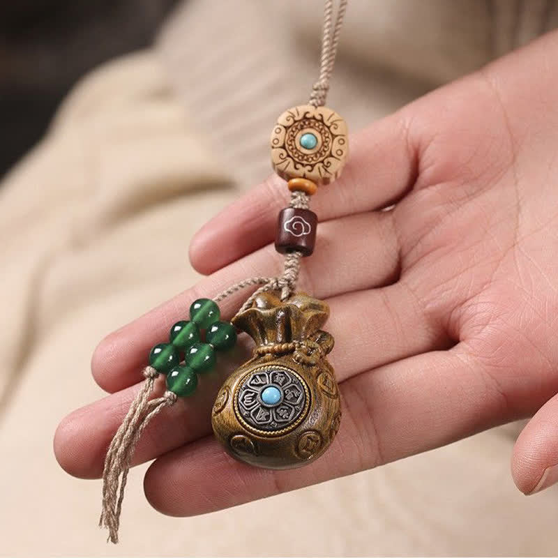 Buddha Stones Llaveros de serenidad con diseño de monedero chino de monedas chinas de sándalo rojo y verde, Om Mani Padme Hum. - image 10