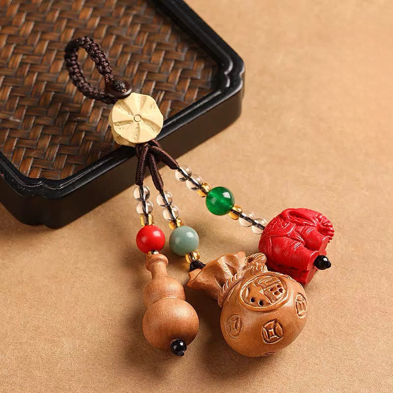 Buddha Stones Llaveros de calabaza de loto con forma de bolsa de dinero con personajes de madera de durazno Fu - image 1