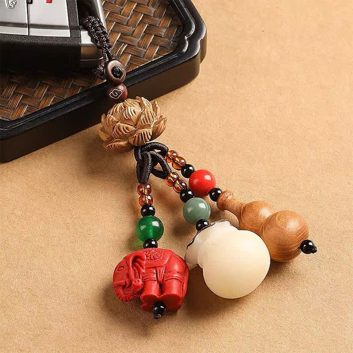 Buddha Stones Llaveros de calabaza de loto con forma de bolsa de dinero con personajes de madera de durazno Fu - image 15