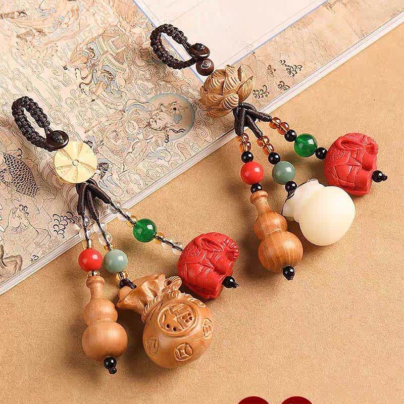 Buddha Stones Llaveros de calabaza de loto con forma de bolsa de dinero con personajes de madera de durazno Fu - image 23