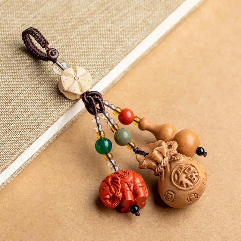Buddha Stones Llaveros de calabaza de loto con forma de bolsa de dinero con personajes de madera de durazno Fu - Madera de durazno (Protección ♥ Purificación) - image 0