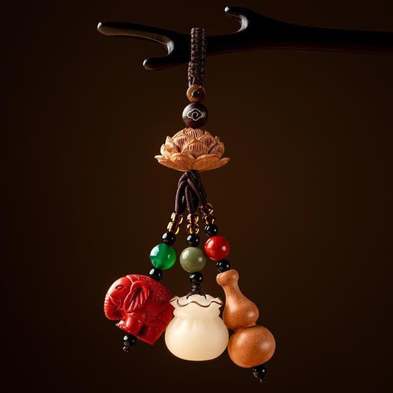 Buddha Stones Llaveros de calabaza de loto con forma de bolsa de dinero con personajes de madera de durazno Fu - image 13