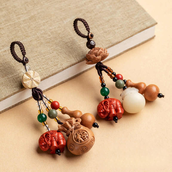 Buddha Stones Llaveros de calabaza de loto con forma de bolsa de dinero con personajes de madera de durazno Fu - image 25