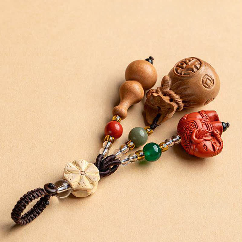 Buddha Stones Llaveros de calabaza de loto con forma de bolsa de dinero con personajes de madera de durazno Fu - image 3