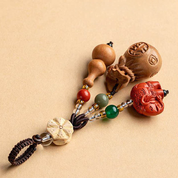 Buddha Stones Llaveros de calabaza de loto con forma de bolsa de dinero con personajes de madera de durazno Fu - image 3