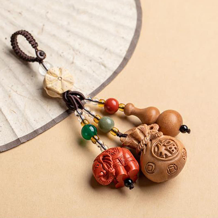 Buddha Stones Llaveros de calabaza de loto con forma de bolsa de dinero con personajes de madera de durazno Fu - image 19