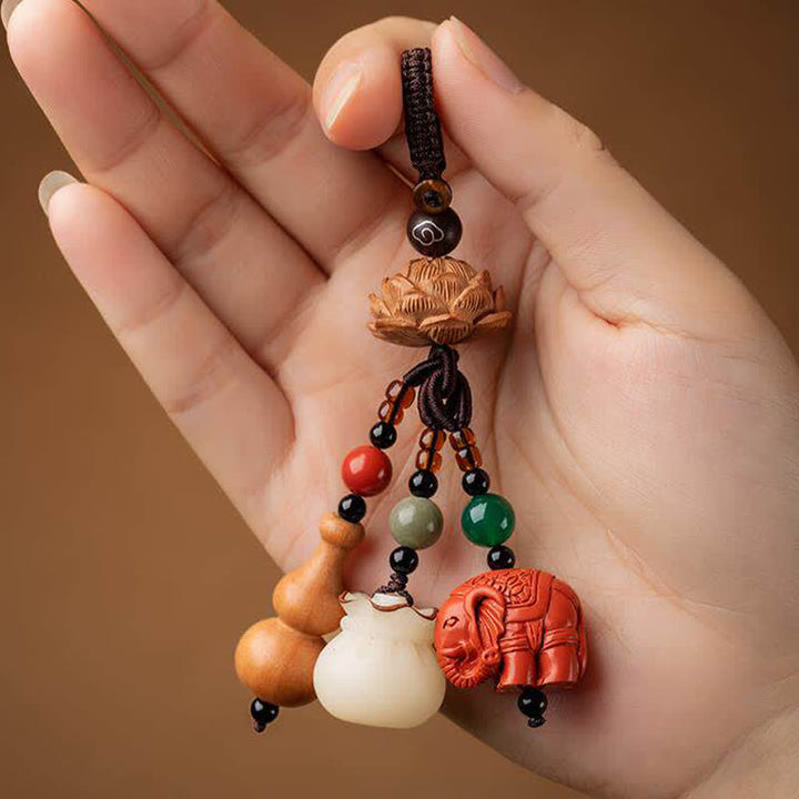 Buddha Stones Llaveros de calabaza de loto con forma de bolsa de dinero con personajes de madera de durazno Fu - image 14