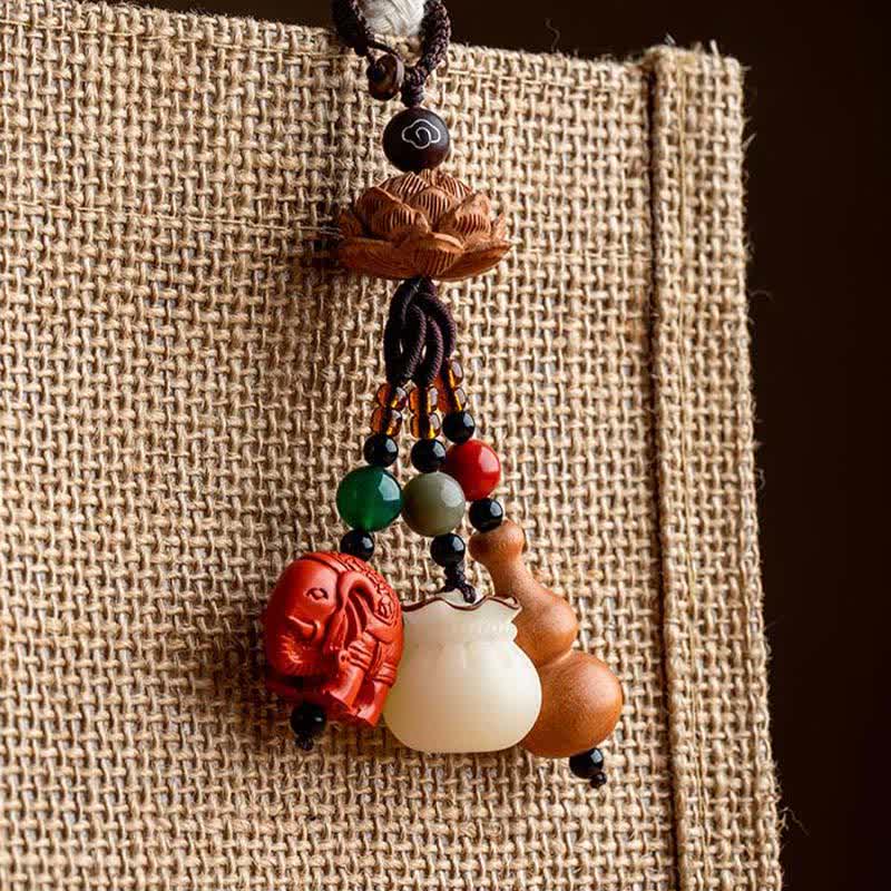 Buddha Stones Llaveros de calabaza de loto con forma de bolsa de dinero con personajes de madera de durazno Fu - image 18