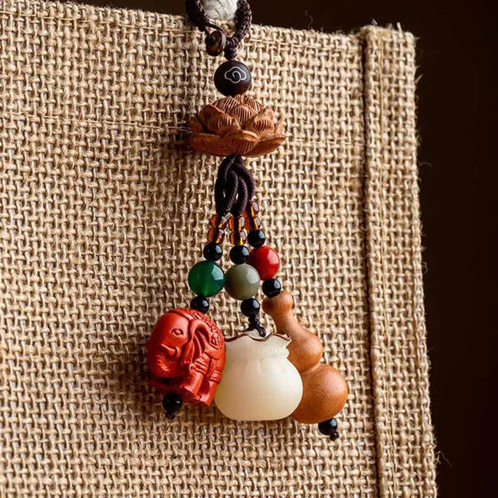 Buddha Stones Llaveros de calabaza de loto con forma de bolsa de dinero con personajes de madera de durazno Fu - image 18