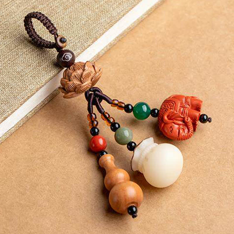 Buddha Stones Llaveros de calabaza de loto con forma de bolsa de dinero con personajes de madera de durazno Fu - image 20
