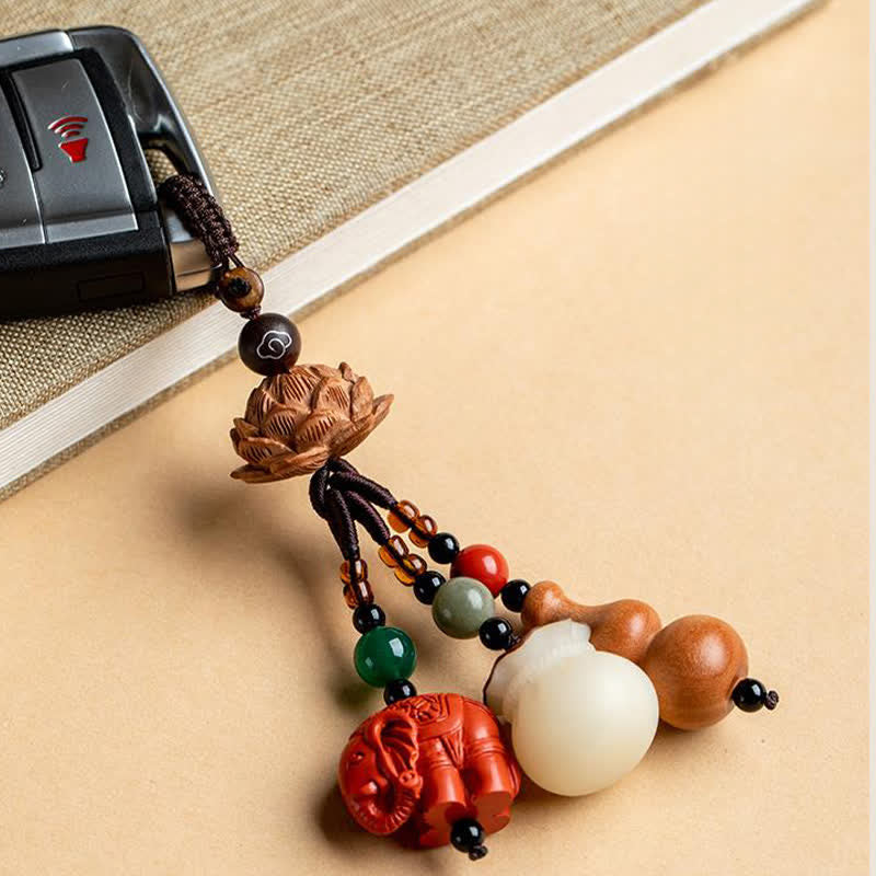 Buddha Stones Llaveros de calabaza de loto con forma de bolsa de dinero con personajes de madera de durazno Fu - image 16