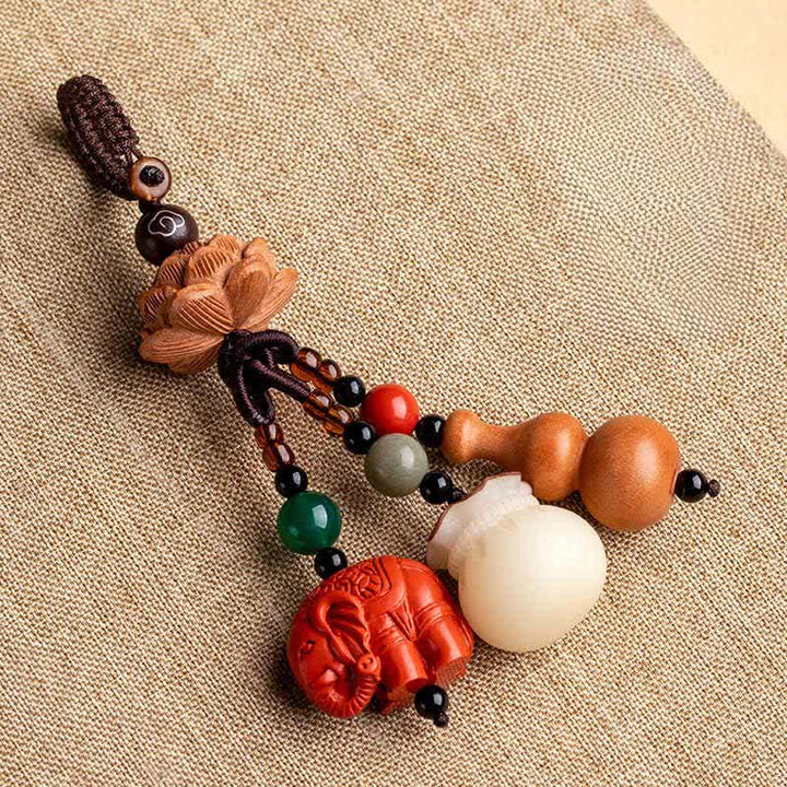 Buddha Stones Llaveros de calabaza de loto con forma de bolsa de dinero con personajes de madera de durazno Fu - image 17