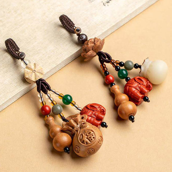 Buddha Stones Llaveros de calabaza de loto con forma de bolsa de dinero con personajes de madera de durazno Fu - image 24