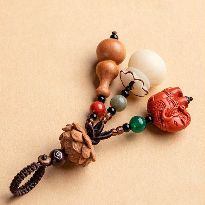 Buddha Stones Llaveros de calabaza de loto con forma de bolsa de dinero con personajes de madera de durazno Fu - image 21