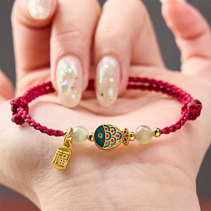 Buddha Stones Pulsera de cuerda protectora con cuentas de jade y diseño de pez koi Fu, tejida a mano. - image 3