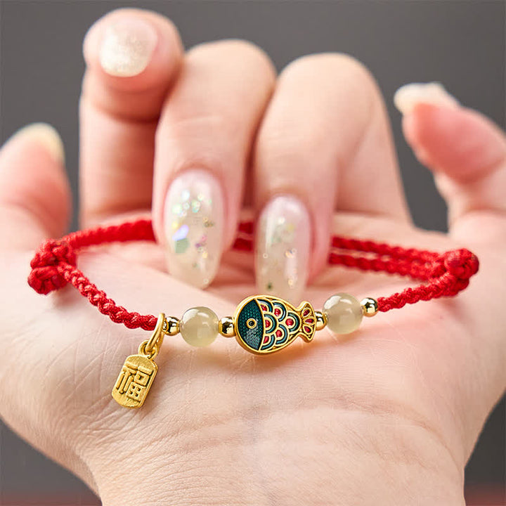 Buddha Stones Pulsera de cuerda protectora con cuentas de jade y diseño de pez koi Fu, tejida a mano. - image 15
