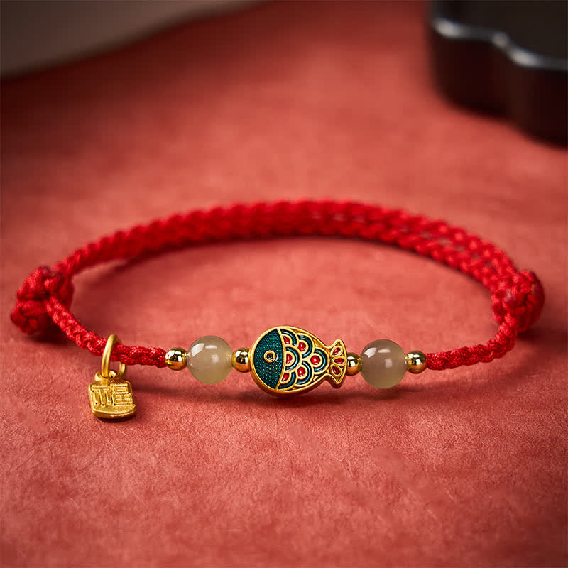 Buddha Stones Pulsera de cuerda protectora con cuentas de jade y diseño de pez koi Fu, tejida a mano. - image 12