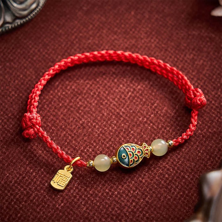 Buddha Stones Pulsera de cuerda protectora con cuentas de jade y diseño de pez koi Fu, tejida a mano. - image 13