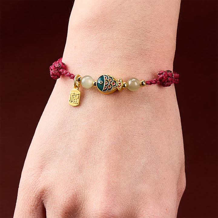 Buddha Stones Pulsera de cuerda protectora con cuentas de jade y diseño de pez koi Fu, tejida a mano. - image 4