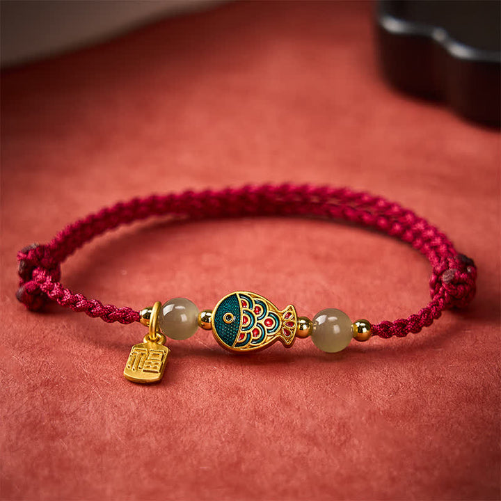Buddha Stones Pulsera de cuerda protectora con cuentas de jade y diseño de pez koi Fu, tejida a mano. - image 1
