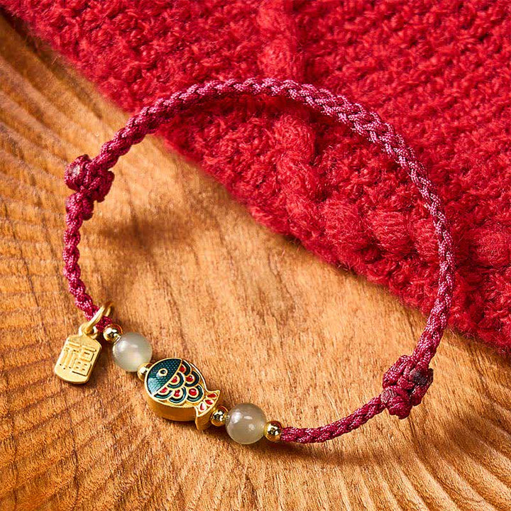 Buddha Stones Pulsera de cuerda protectora con cuentas de jade y diseño de pez koi Fu, tejida a mano. - image 2