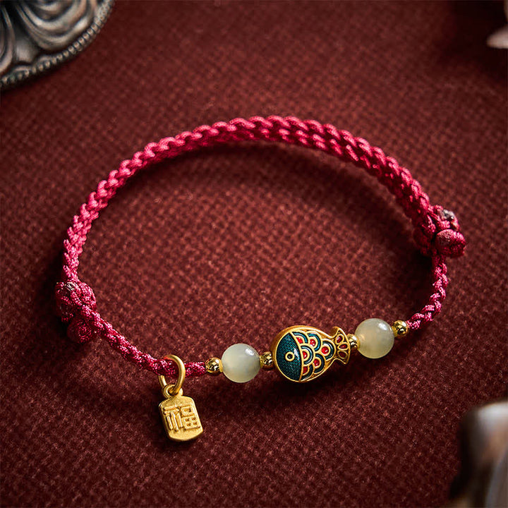 Buddha Stones Pulsera de cuerda protectora con cuentas de jade y diseño de pez koi Fu, tejida a mano. - Rojo oscuro (circunferencia de la muñeca: 15-21 cm) - image 0