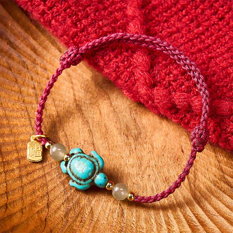 Buddha Stones Pulsera de cuerda de la suerte con cuentas de jade y forma de tortuga Fu turquesa tejida a mano - image 2