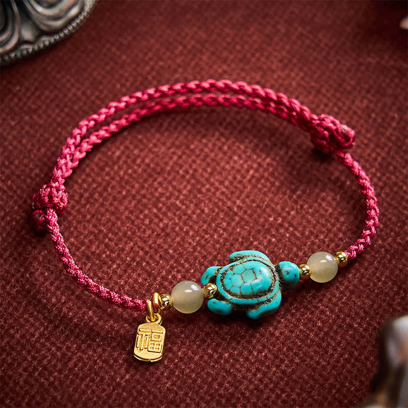 Buddha Stones Pulsera de cuerda de la suerte con cuentas de jade y forma de tortuga Fu turquesa tejida a mano - Rojo oscuro (circunferencia de la muñeca: 15-21 cm) - image 0