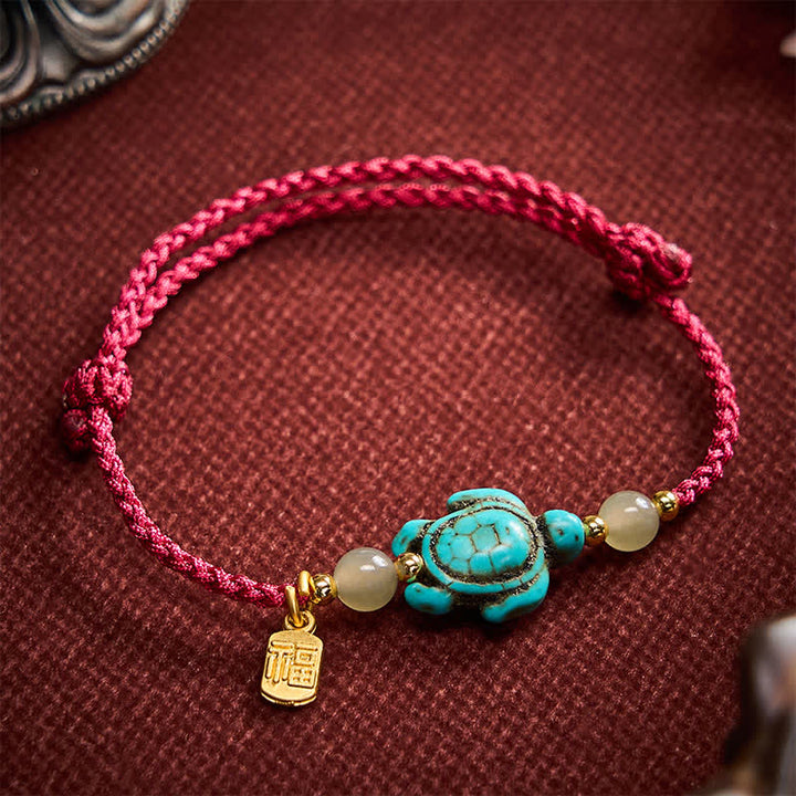 Buddha Stones Pulsera de cuerda de la suerte con cuentas de jade y forma de tortuga Fu turquesa tejida a mano - Rojo oscuro (circunferencia de la muñeca: 15-21 cm) - image 0