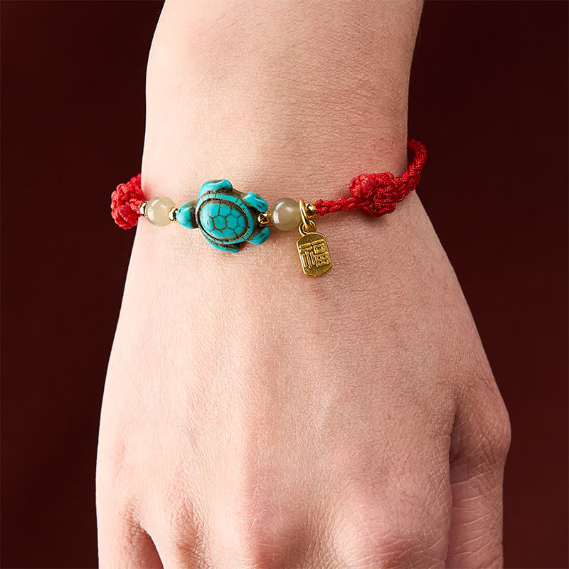 Buddha Stones Pulsera de cuerda de la suerte con cuentas de jade y forma de tortuga Fu turquesa tejida a mano - image 15