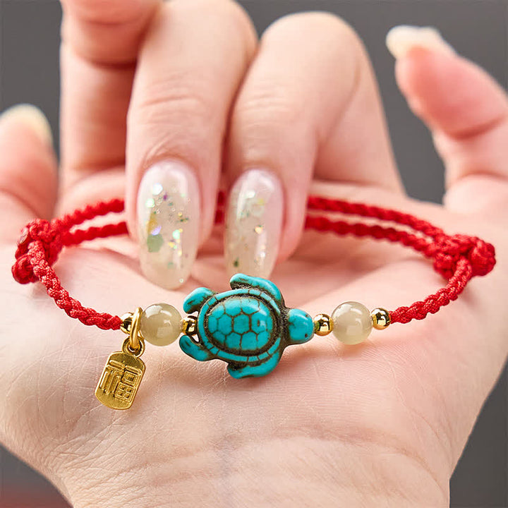 Buddha Stones Pulsera de cuerda de la suerte con cuentas de jade y forma de tortuga Fu turquesa tejida a mano - image 14