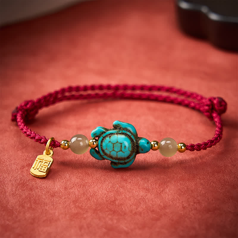 Buddha Stones Pulsera de cuerda de la suerte con cuentas de jade y forma de tortuga Fu turquesa tejida a mano - image 1