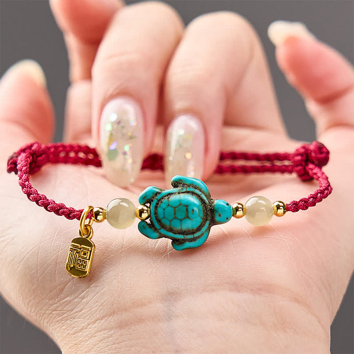 Buddha Stones Pulsera de cuerda de la suerte con cuentas de jade y forma de tortuga Fu turquesa tejida a mano - image 3