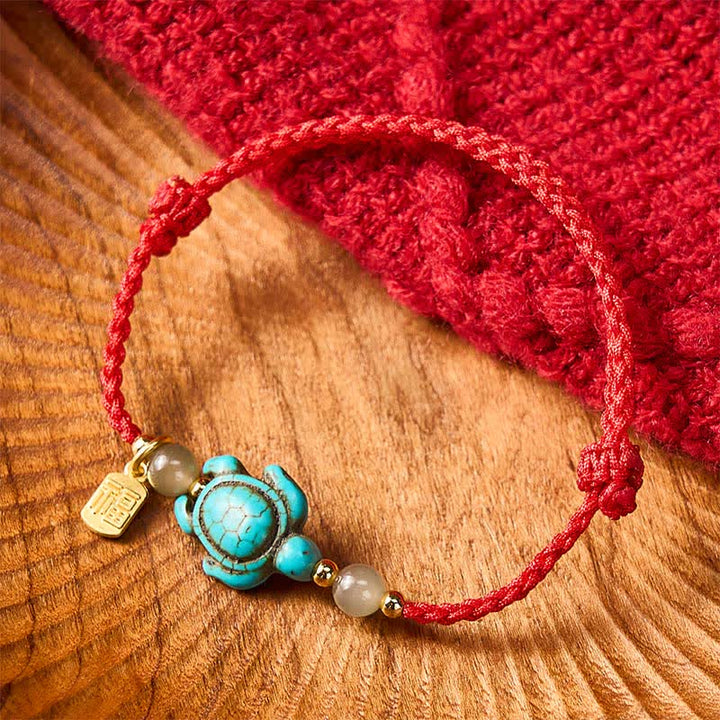 Buddha Stones Pulsera de cuerda de la suerte con cuentas de jade y forma de tortuga Fu turquesa tejida a mano - Rojo (Circunferencia de la muñeca: 5,9–8,3 pulgadas / 15–21 cm) - image 11