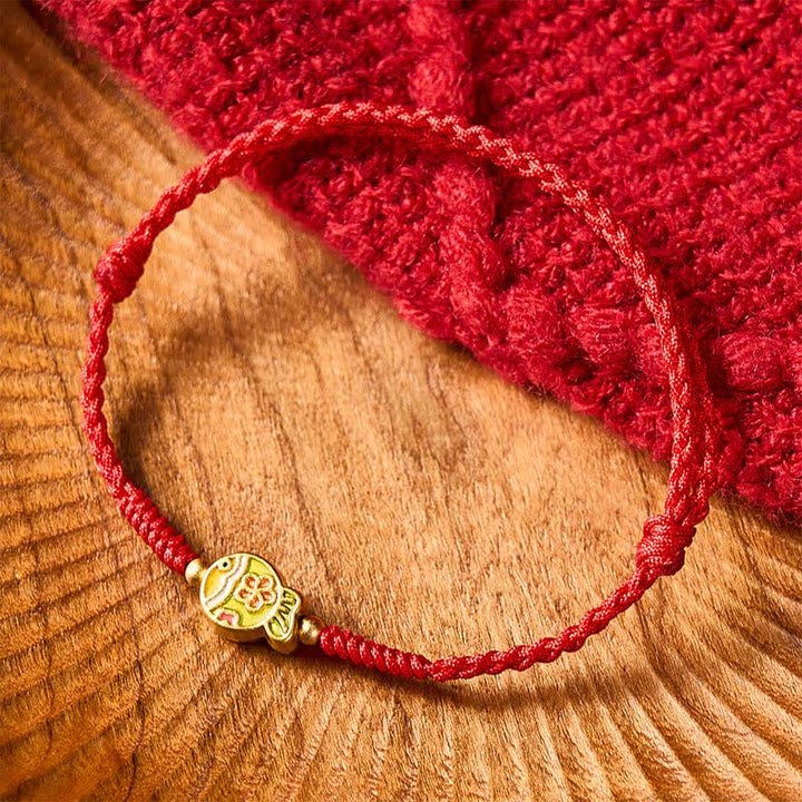 Buddha Stones Pulsera de cuerda roja tejida a mano con flores y peces koi para la buena suerte - image 3