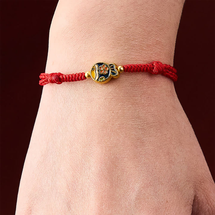 Buddha Stones Pulsera de cuerda roja con diseño de flor cian y pez koi, tejida a mano. - image 4