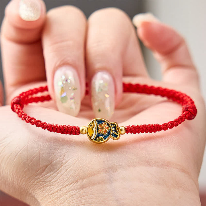 Buddha Stones Pulsera de cuerda roja con diseño de flor cian y pez koi, tejida a mano. - image 3