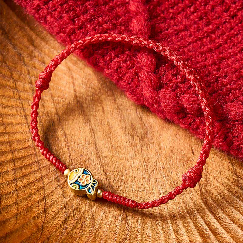 Buddha Stones Pulsera de cuerda roja con diseño de flor cian y pez koi, tejida a mano. - image 1