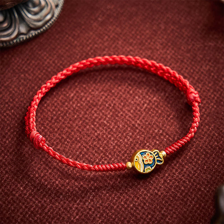 Buddha Stones Pulsera de cuerda roja con diseño de flor cian y pez koi, tejida a mano. - image 2
