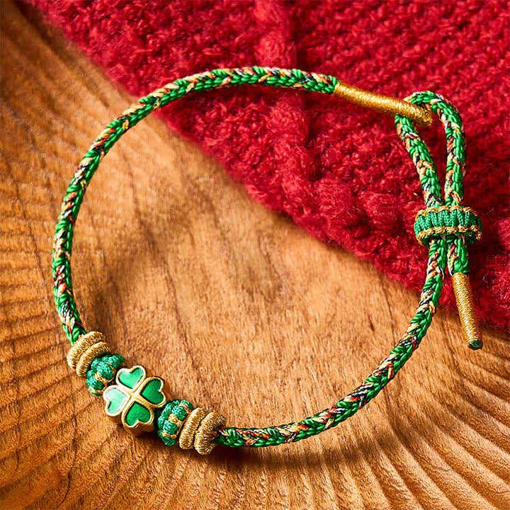 Buddha Stones Pulsera de cuerda tejida a mano con forma de corazón y trébol de cuatro hojas verde. - image 1