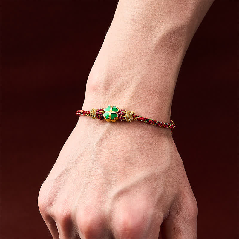 Buddha Stones Pulsera de cuerda tejida a mano con forma de corazón y trébol de cuatro hojas verde. - image 14