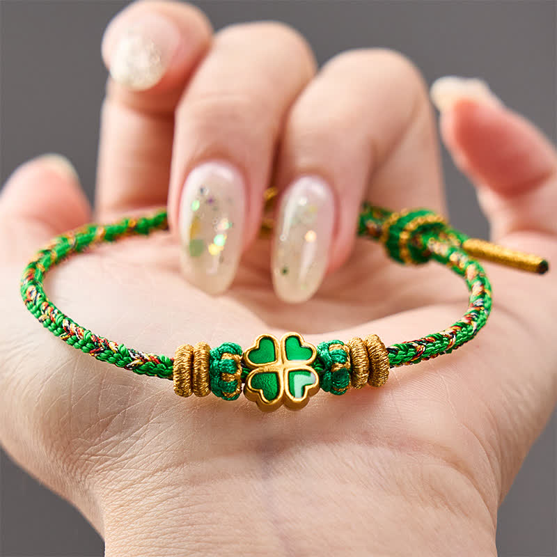Buddha Stones Pulsera de cuerda tejida a mano con forma de corazón y trébol de cuatro hojas verde. - image 3