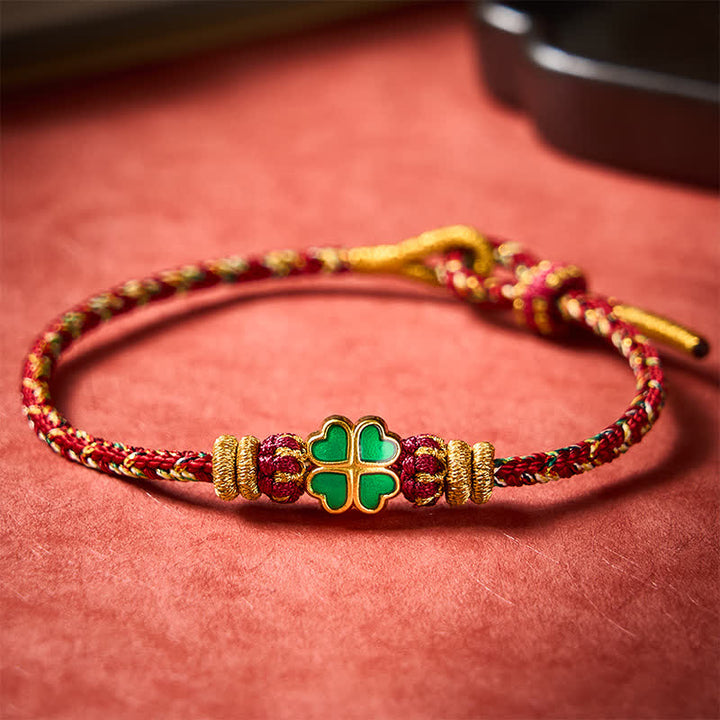 Buddha Stones Pulsera de cuerda tejida a mano con forma de corazón y trébol de cuatro hojas verde. - image 12