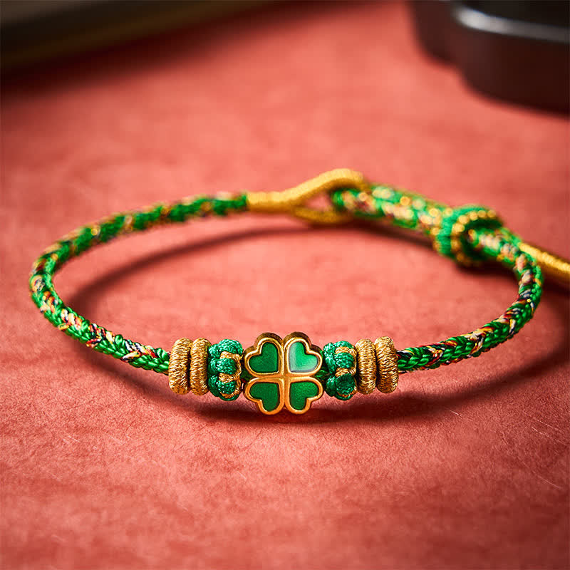 Buddha Stones Pulsera de cuerda tejida a mano con forma de corazón y trébol de cuatro hojas verde. - image 2