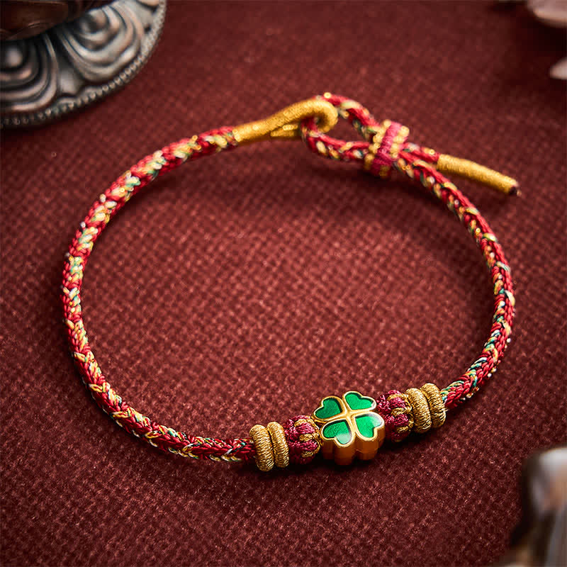 Buddha Stones Pulsera de cuerda tejida a mano con forma de corazón y trébol de cuatro hojas verde. - image 11