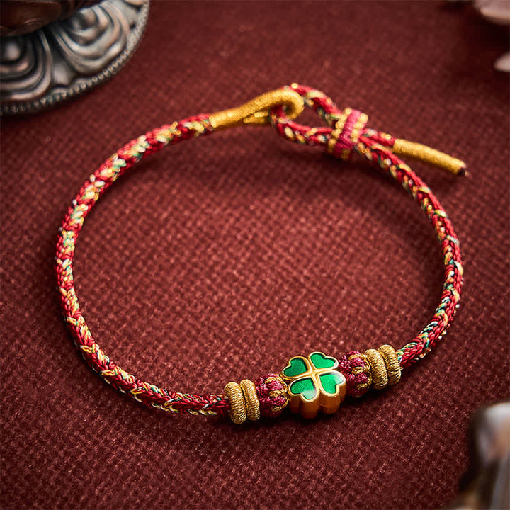 Buddha Stones Pulsera de cuerda tejida a mano con forma de corazón y trébol de cuatro hojas verde. - image 11