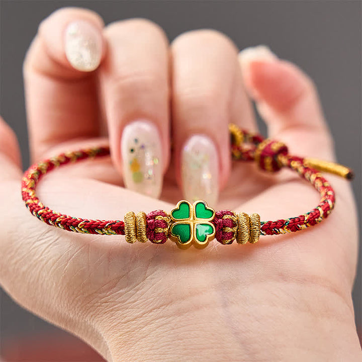 Buddha Stones Pulsera de cuerda tejida a mano con forma de corazón y trébol de cuatro hojas verde. - image 13