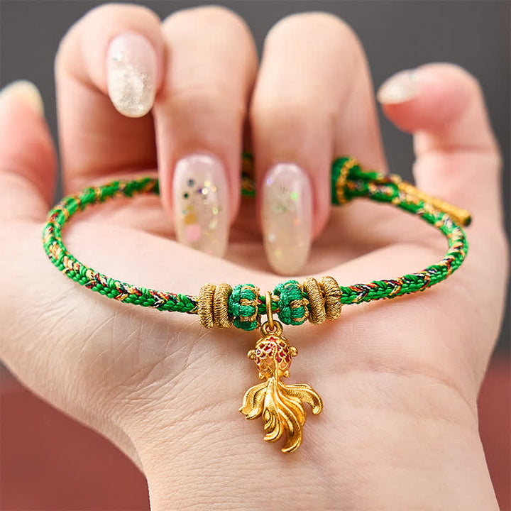 Buddha Stones Pulsera de cuerda verde con diseño de pez koi rojo tejido a mano para la buena suerte - image 3